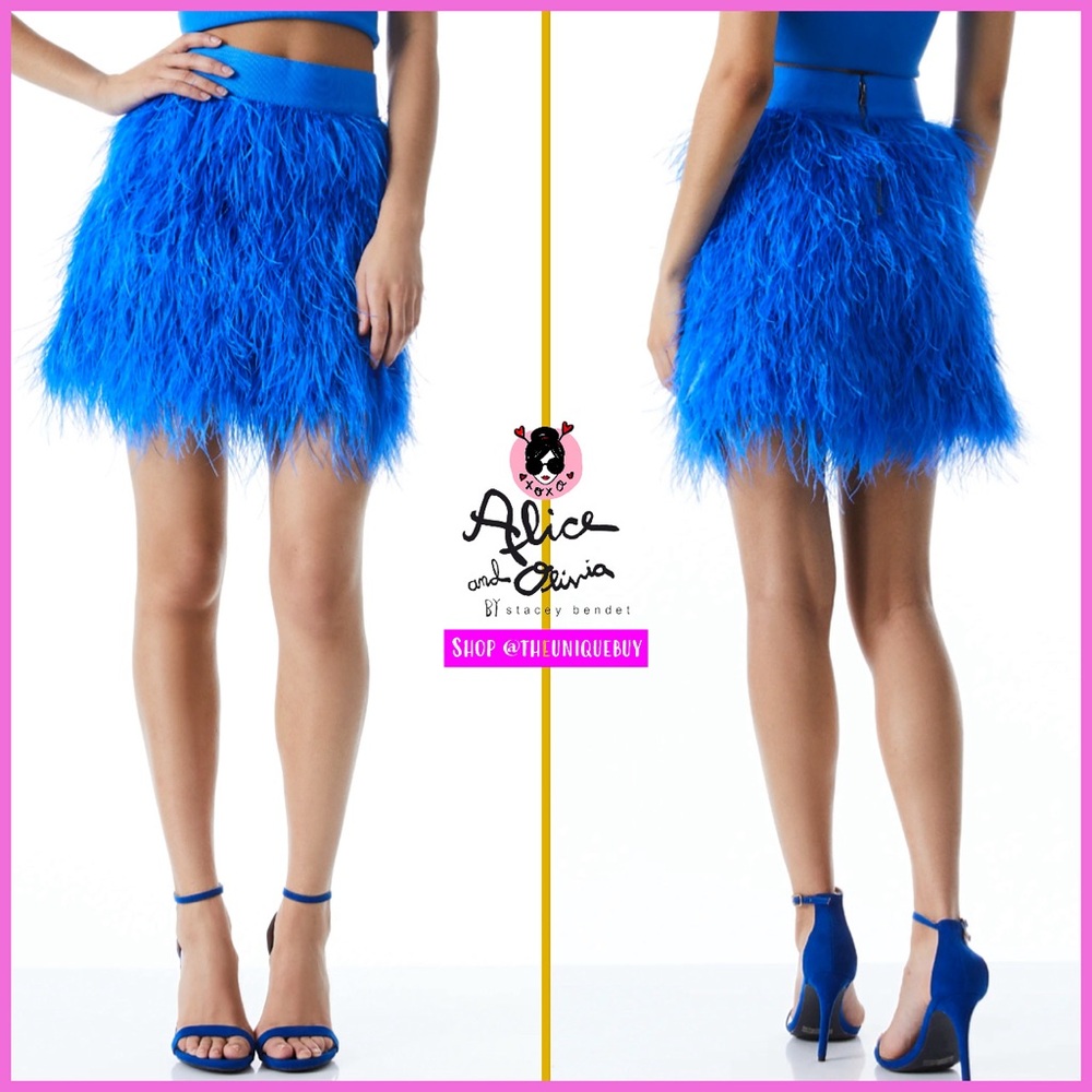 Alice + Olivia Cina Blue Ostrich Feather Mini Skirt - Picture 7 of 17